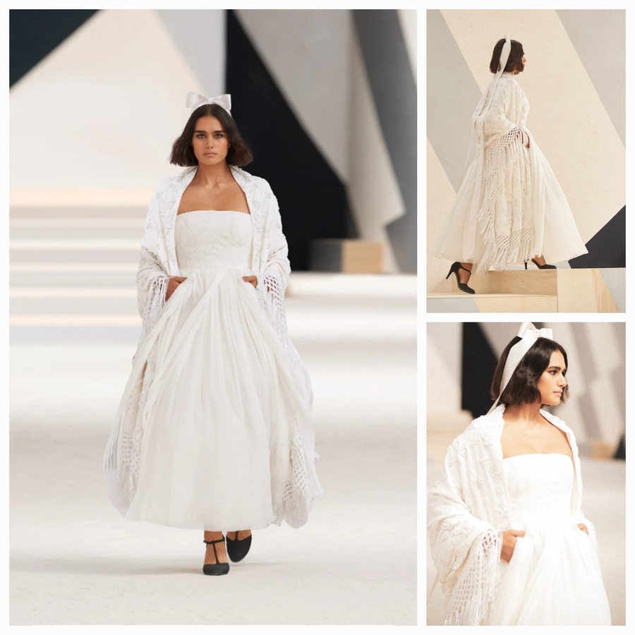Модель Джилл Кортлев закрыла показ Chanel Haute Couture Fall-Winter 2022/23, продемонстрировал образ невесты. Фото с официального сайта.
