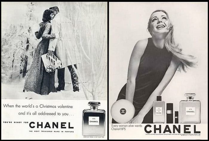 А вот так выглядела реклама этих самых "Шанель номер 5" в ту эпоху.