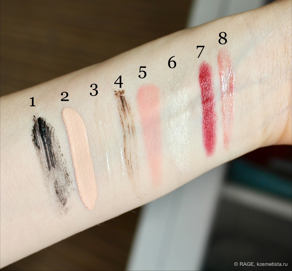 1 – тушь Eveline; 2 – консилер Elian Russia; 3 – гель д/бровей LUXVISAGE; 4 – тушь для бровей Max Factor; 5 – румяна Holika Holika; 6 – хайлайтер-стик Catrice; 7 – помада Tom Ford; 8 – блеск д/губ KIKO Milano