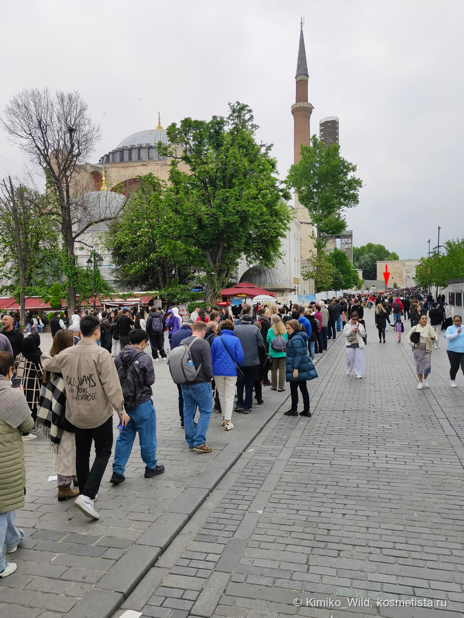 Очередь в Айю-Софию с уже купленными билетами в 10-30 в начале мая. Движется очень медленно. Стрелкой отмечен вход. Не путайте с музеем Айя-Софии – это отдельное удовольствие с отдельным билетом, располагающееся во дворце Ибрагима-Паши