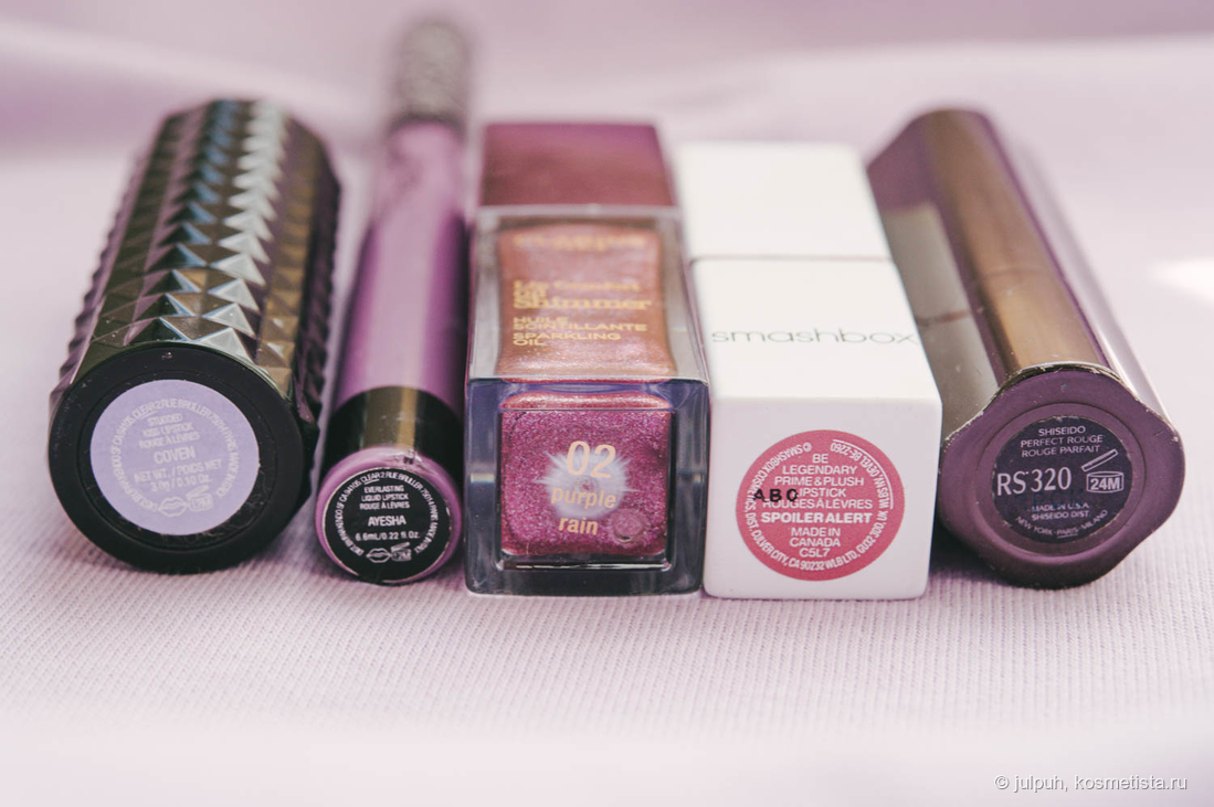 Kat Von D Coven | Kat Von D Ayesha | Clarins Lip Comfort Oil Shimmer 02 | Smashbox Be Legendary Spoiler Alert | Shiseido RS 320