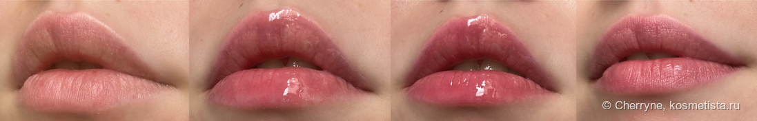 Слева направо: губы без масла, только что нанесла масло, спустя пару минут, оставшийся тинт.