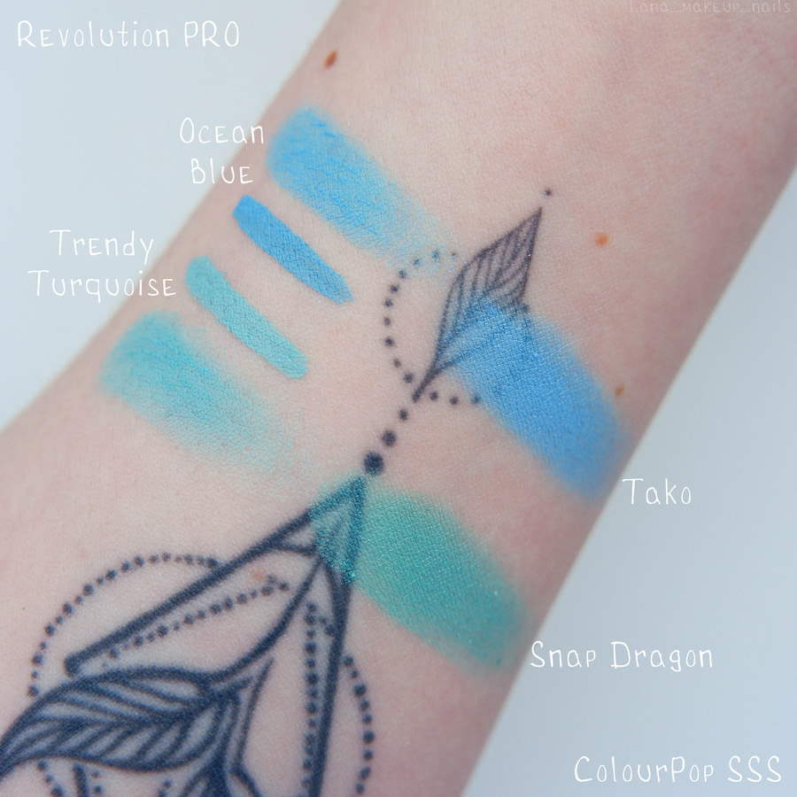 Revolution PRO Pigment Pomade: Ocean Blue и Trendy Turquoise vs ColourPop: Snap Dragon и Tako