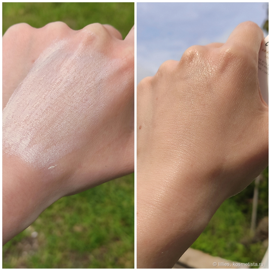 Слева нанесла Skin1004  Madagascar Centella Air-Fit Suncream Plus SPF 50+ PA++++, справа после впитывания