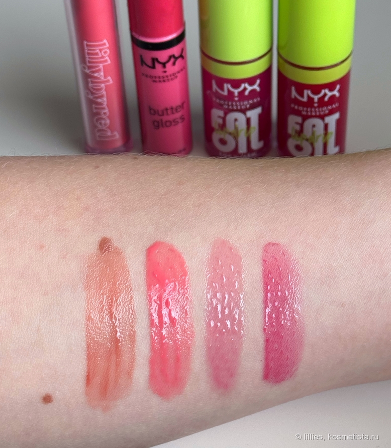 lilybyred Glassy Tint 13, NYX Butter Gloss Sorbet,  NYX Fat Oil Lip Drip 02 Missed Call, 05 Newsfeed