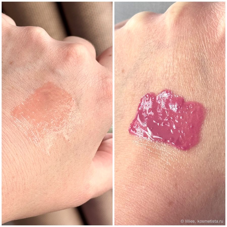 Слева блеск Kiko 09, справа NYX Tiramisu