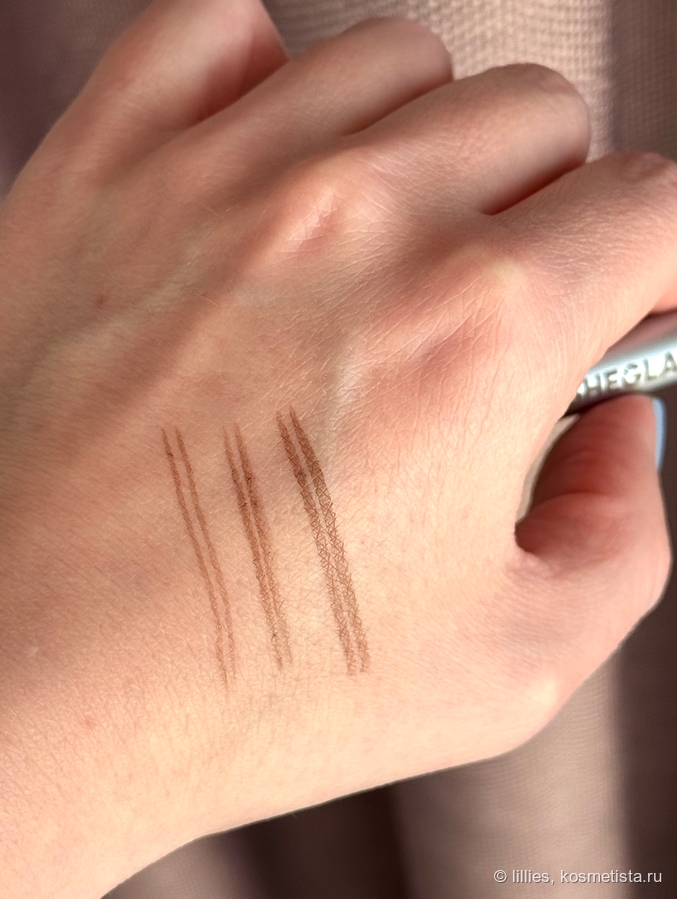 Sheglam Real Flow Laminating Brow Pen оттенок Taupe слева направо: касание едва-едва, обычное нажатие, сильное нажатие