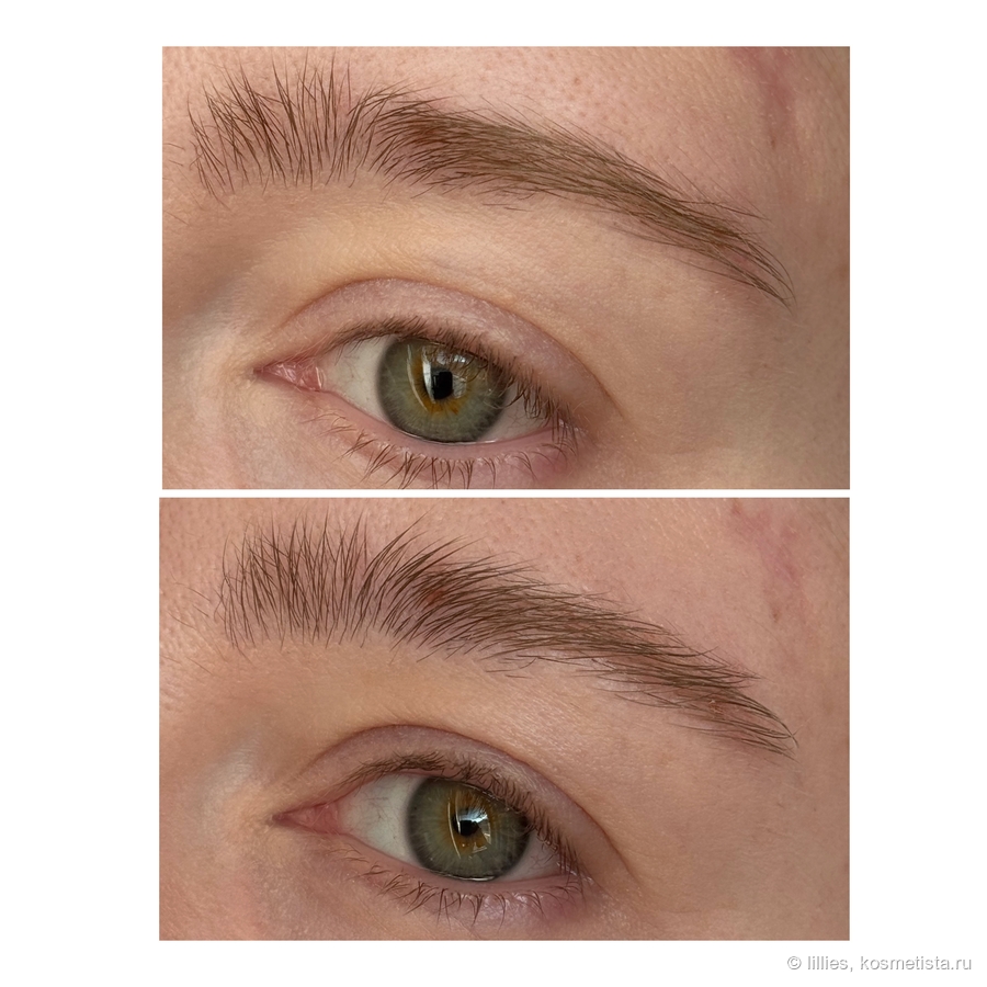 Сверху голая расчесанная бровь, снизу с гелем Sheglam.