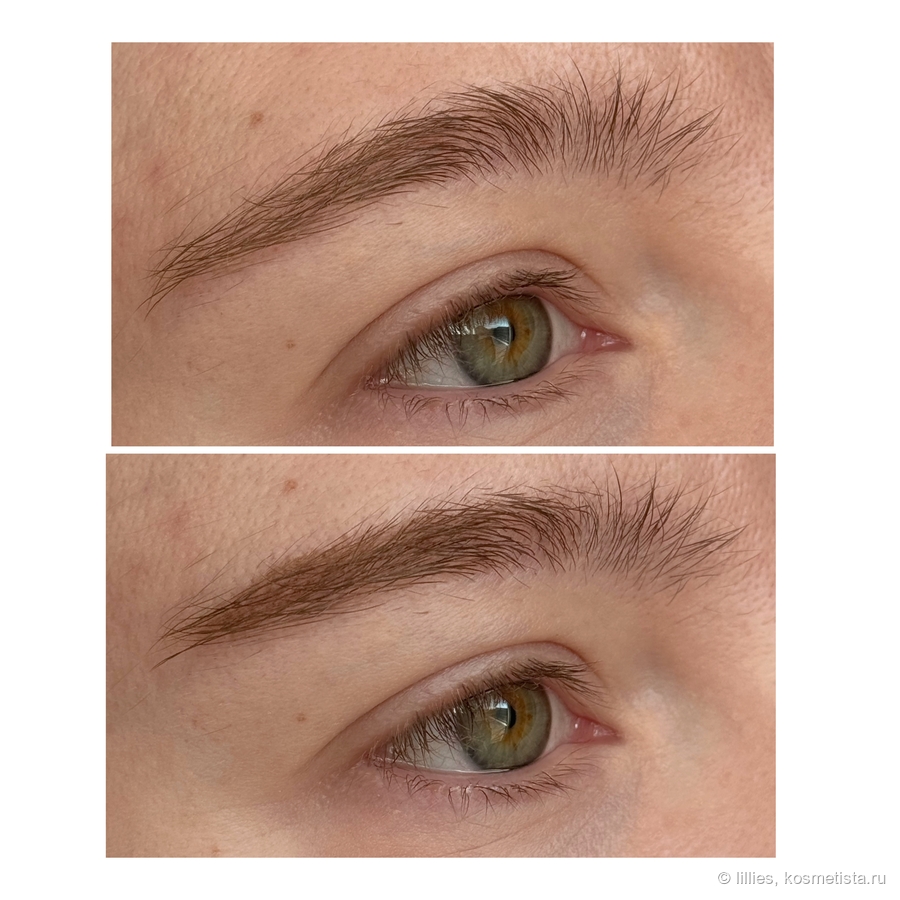 Сверху голая бровь, снизу с Sheglam Real Flow Laminating Brow Pen оттенок Taupe