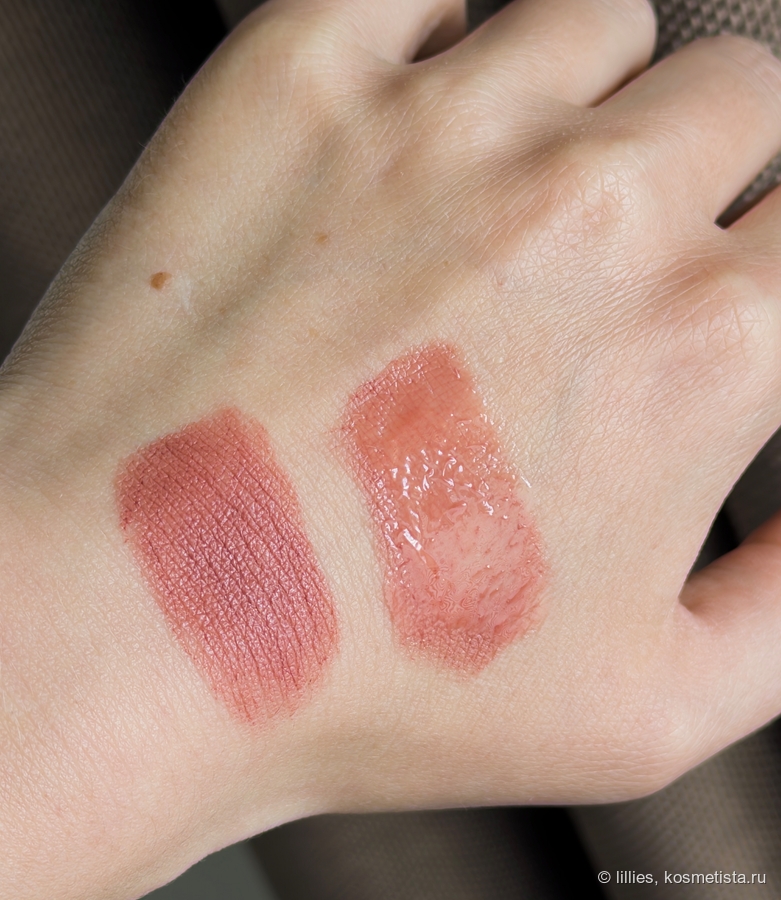 Слева L'Oreal Color Riсhe в оттенке 173, справа к ней поверх добавила NYX Fat Oil Chillz Citrus Chiller