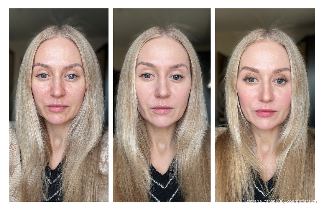 Слева- кожа без макияжа, в центре- с тоном, справа- полный макияж