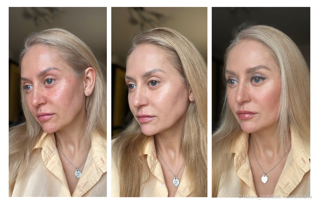 Слева без макияжа и с последствиями аллергии на лице, второе с тоном, справа: полный макияж