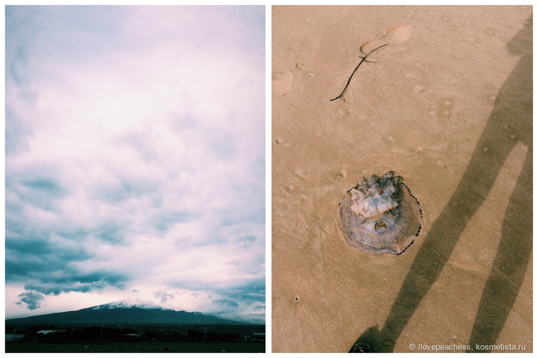 Вид на вулкан Этна с пляжа и собственно подарки на пляже день ото дня)