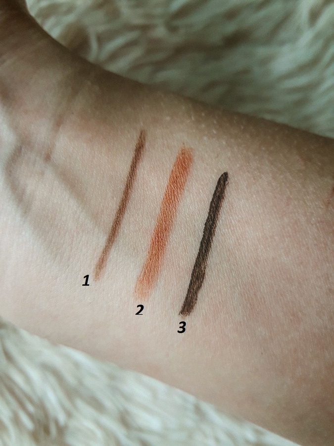 1. Карандаш для бровей Ffleur (оттенок 104), 2. Карандаш для губ LN Professional Lips Gel Liner (оттенок 03); 3. Подводка для глаз BelorDesign "Party" (оттенок темный шоколад).