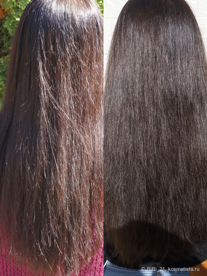 Слева волосы просто вымыты шампунем, справа  использованы маска и несмываемый кондиционер Ziaja argan & tsubaki oils.