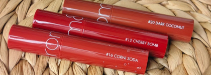 Маловато будет, ведь всё при них! Тинты Rom&nd Juicy Lasting Tint: #20 Dark Coconut, #12 Cherry Bomb, #16 Corni Soda