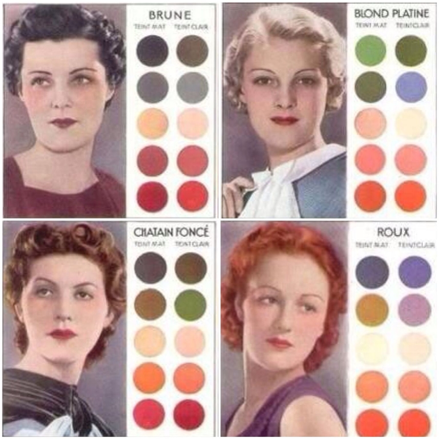 Палитры цветов, рекомендуемых для макияжа под разные цвета волос, 1930е.