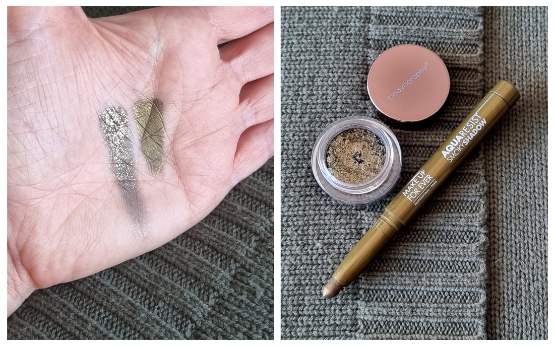 пигмент Glitter Pigment, оттенок Later skаter (Bodyography) – слева, карандаш AquaResist Smoky Shadow, оттенок 4 Jungle (Make up Forever) – справа