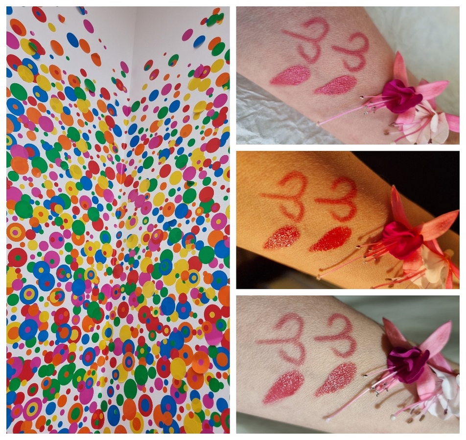 Стена в музее Кусамы и карандаши Le Lip Liner, оттенок 290 Sheer Raspberry (слева), Lancome; арандаш Le Lip Liner, оттенок 06 Rose The, Lancome (справа)