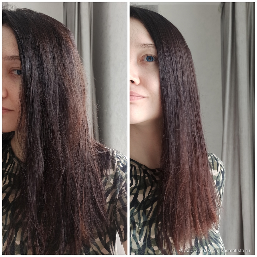 Волосы на фото, кстати, до стрижки, отращивала пять месяцев. Слева высушенные, справа- расчесанные со спреем.