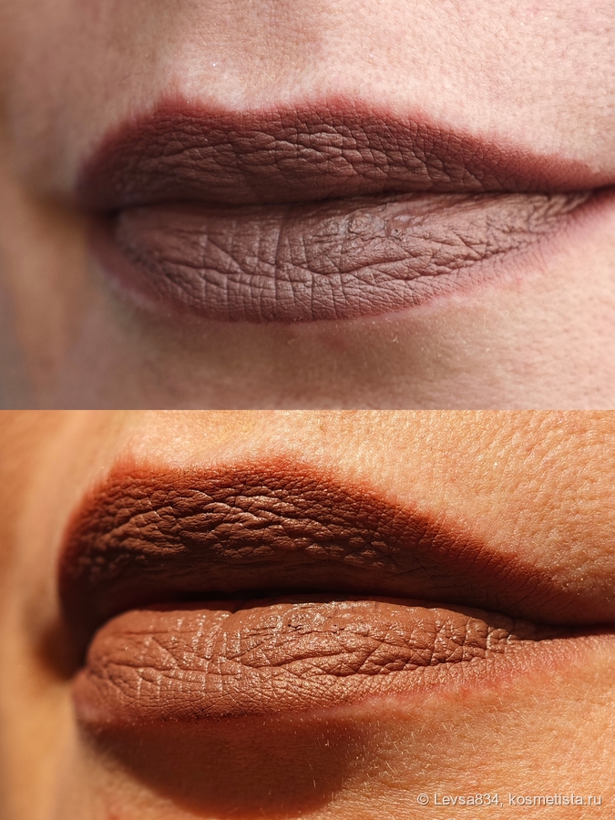 Здесь помада нанесена в 2 слоя, без контурного карандаша, и как раз довольно сухие губы. В тени и на солнце.