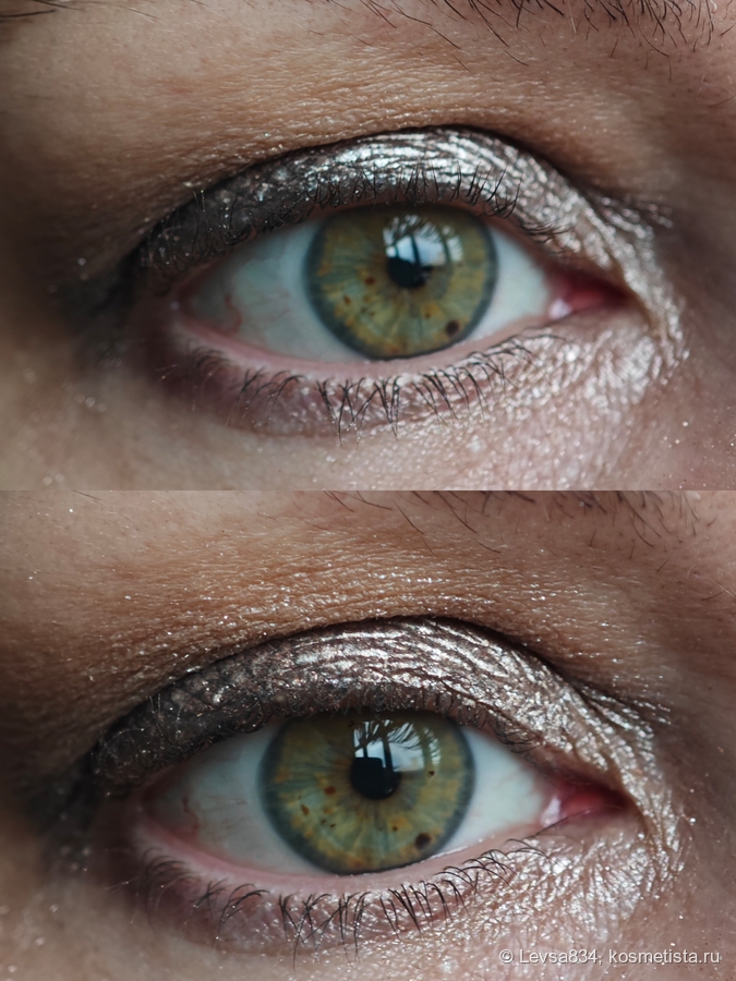 Незаконченный макияж, сверху до, снизу после нанесения спаркла