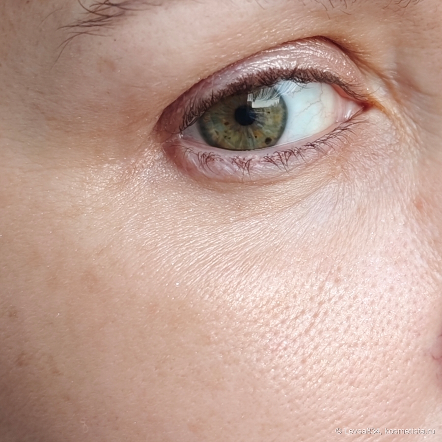 Крупный план моей щеки, тональной основы нет, только бронзер и хайлайтер (он ещё и на веке), в тени. Подчёркивай - не подчёркивай, а поры есть, и они останутся.