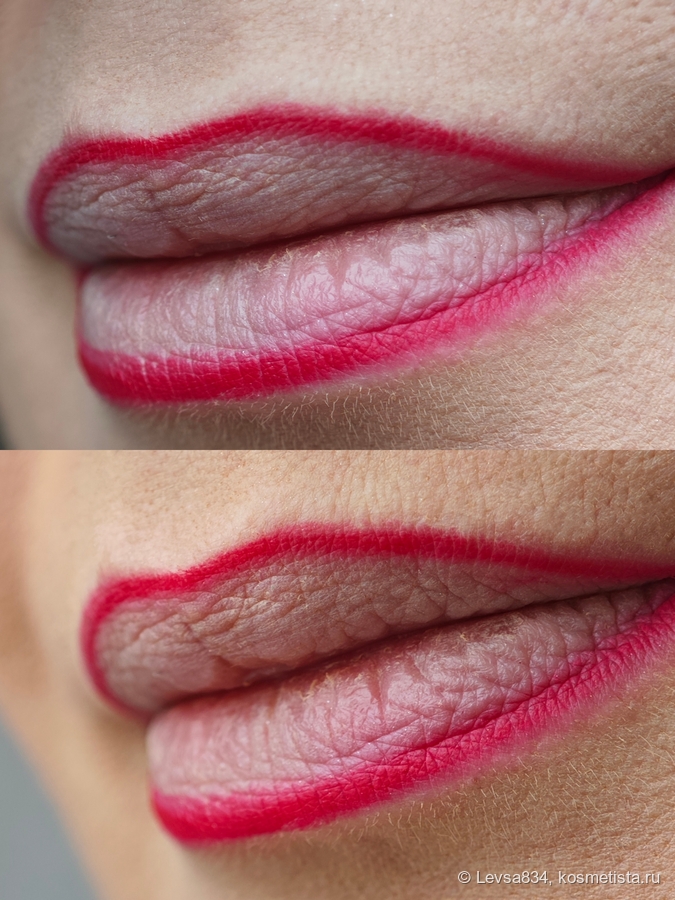 Контур моих губ, увы, уже не такой чёткий, как раньше. Рисую линию в несколько штрихов. И прошу прощения за непрезентабельность и сухость кожи губ, поовела по ним кистью с тонпльной основой ради большего контраста.