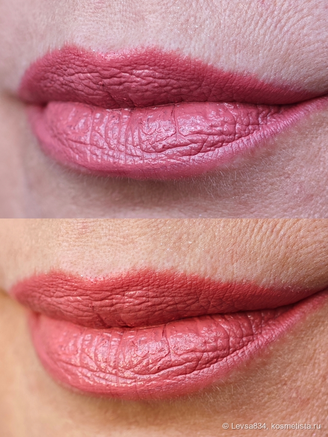 Помада нанесена на сухие губы в два слоя, светло-розовый карандаш по контуру губ