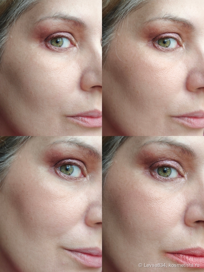 По часовой стрелке, начиная с верхнего левого кадра: лицо без румян, лицо с тонким слоем румян, лицо с более плотным слоем румян, лицо с румянами и хайлайтером, оба продукта также нанесены на губы.