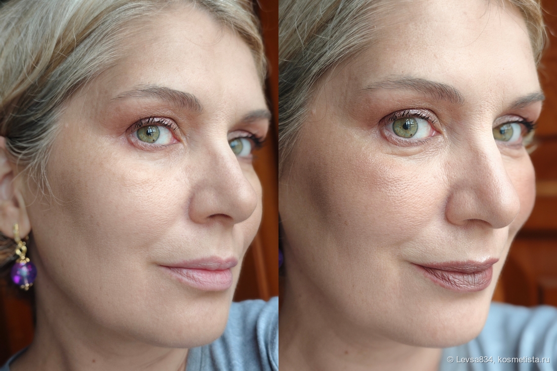 Тени на веках плюс светлый матовый и металлик на щеках как румяна и хайлайтер, а тёмный матовый на губах.