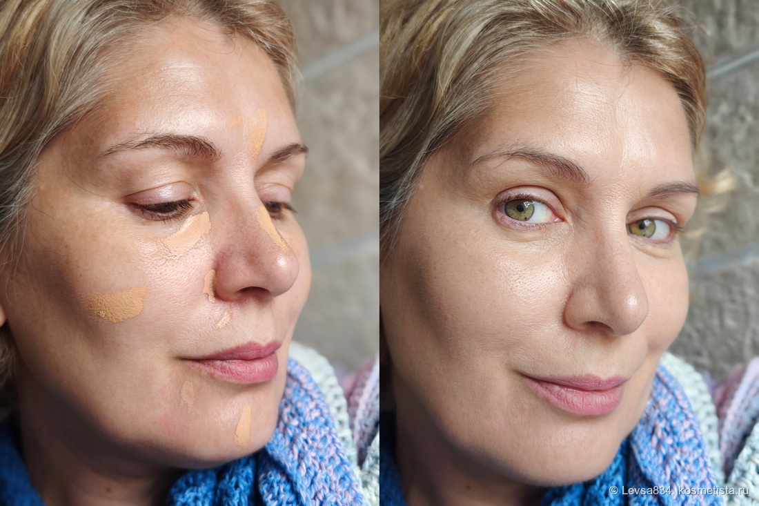 Слева в процессе, справа после того, как растушевала корректор и консилер плотной кистью кабуки