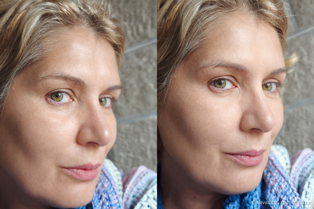 До и росле нанесения пудры. Использовала пышную плотную кисть, спонж из палетки неплохой, но наносит пудру очень уж плотно