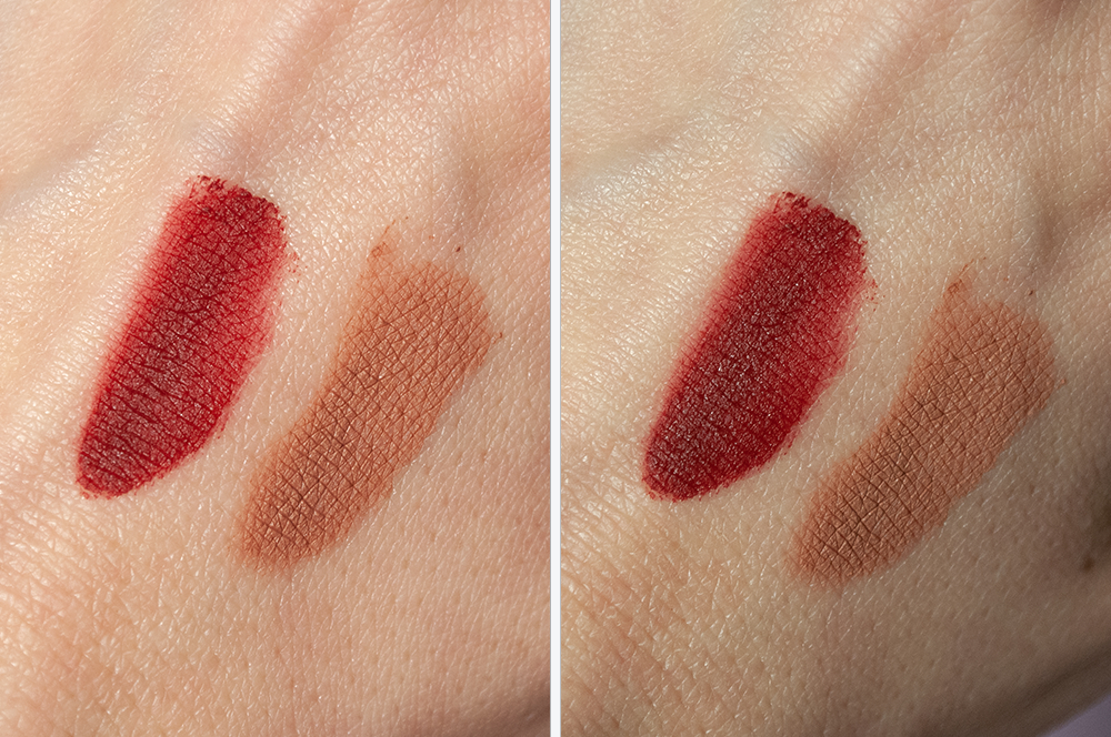 На свотчах бежевая полностью зафиксировалась, бордовая еще в процессе - немного поблескивает