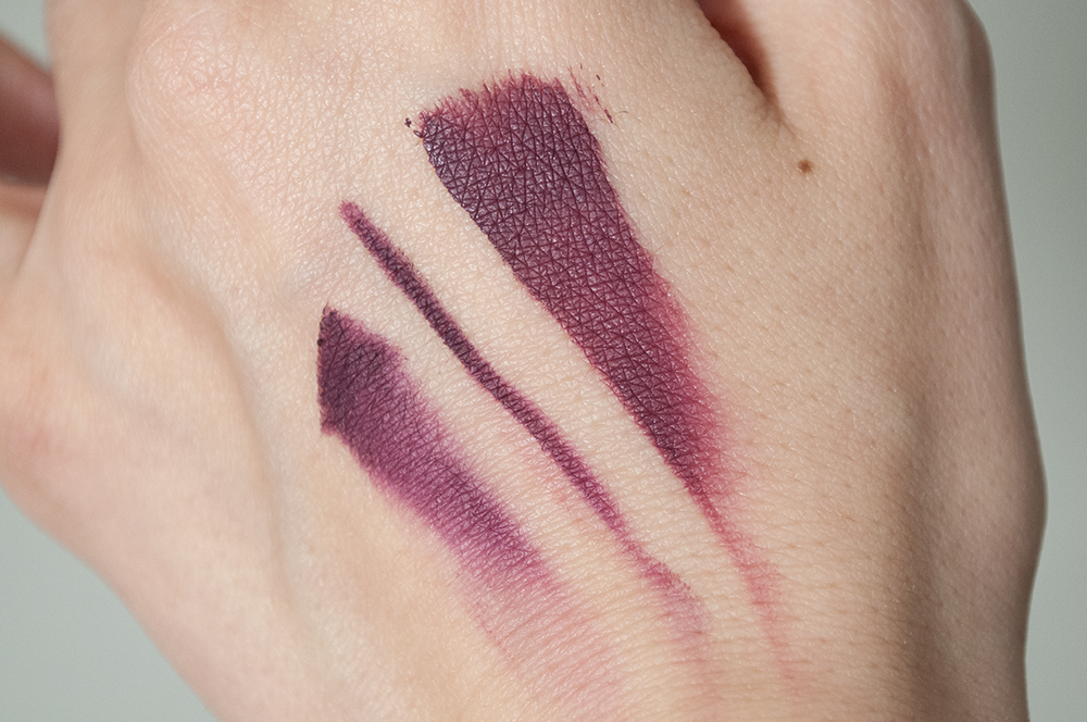 Слева направо: каранадаш плотно, карандаш в одну линию, помада. Белый искусственный свет