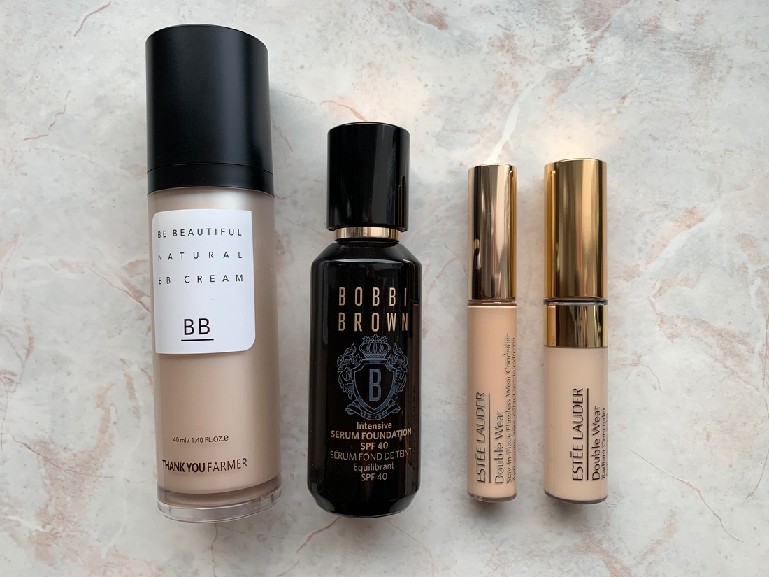 Thank You Farmer BB крем Be Beautiful (Natural), SPF 30; Bobbi Brown Intensive Serum Foundation SPF 40 (Alabaster); Estee Lauder Консилер Double Wear Stay-in-Place Flawless Wear (1C); Estee Lauder Double Wear Radiant Concealer (0,5N)