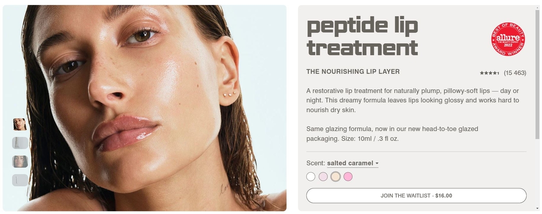 Фото с сайта Rhode с представлением Peptide Lip Treatment