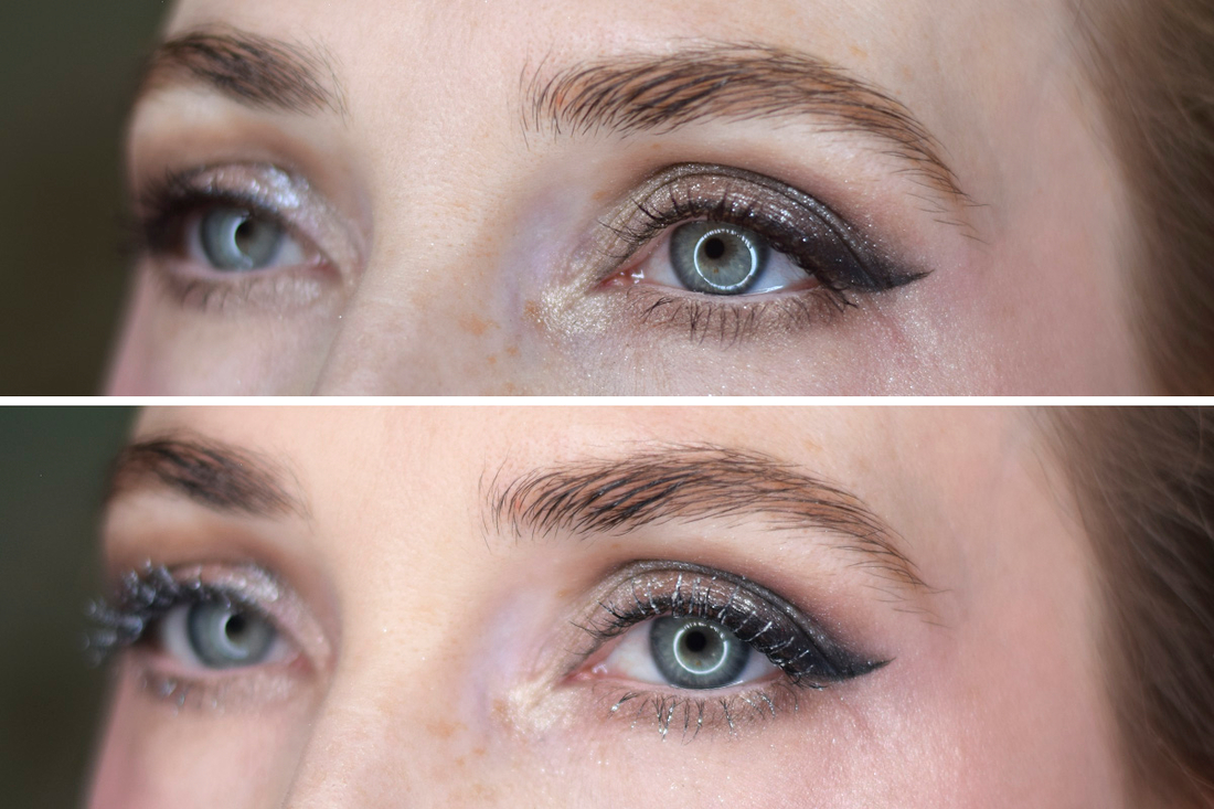 Ресницы с черной тушью/ нанесла поверх тушь с блёстками