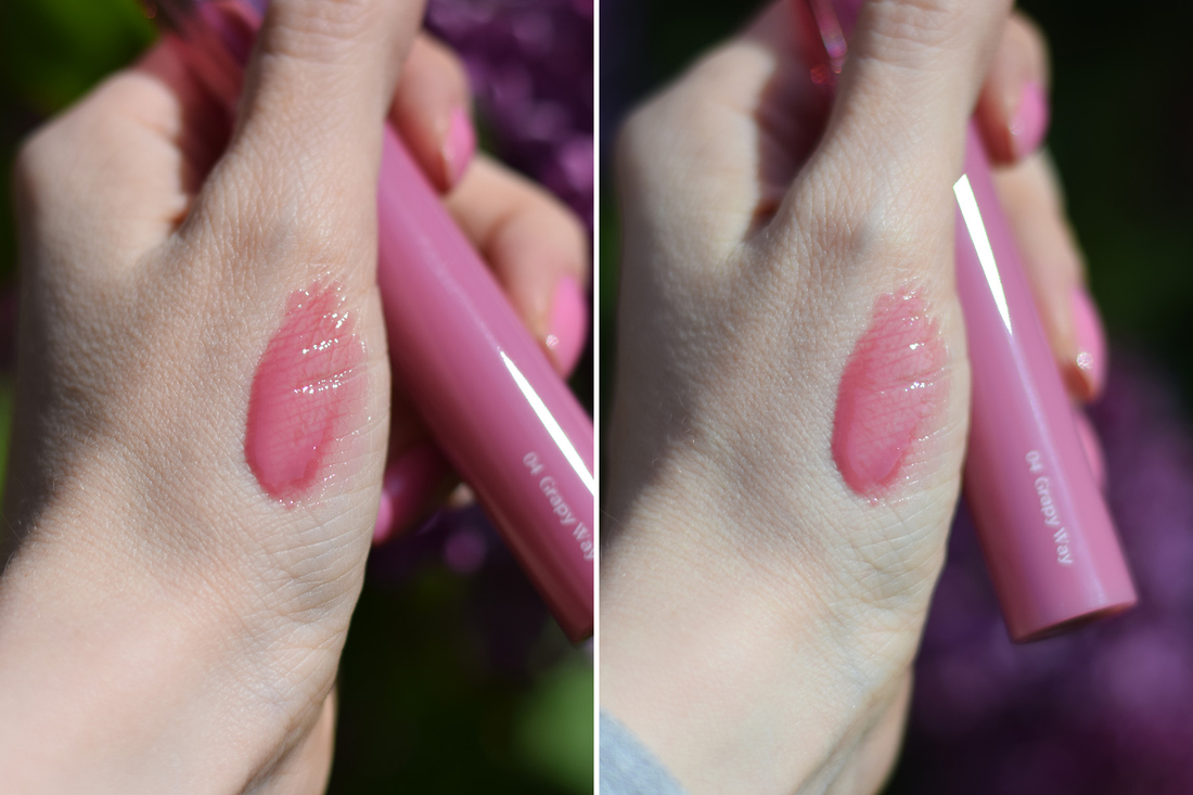 Свотч блеска Rom&nd Glasting Color Gloss в оттенке 04 Grapy Way в дневном свете