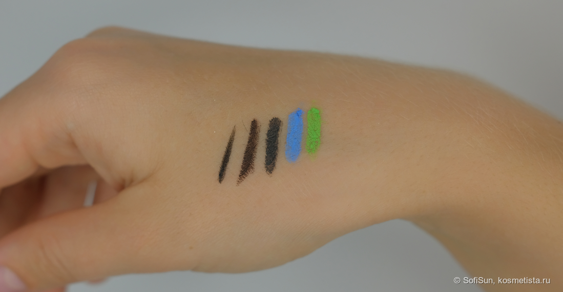 eyeliner pen 10, 901(графитовый), 910(каштановый), Maybe(зеленый), Prance(голубой)