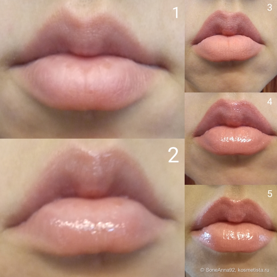 1 - губы до макияжа; 2 - свотч масла для губ в 1 слой; 3 - карандаш + румяна; 4-5 - карандаш + румяна + масло для губ в разном освещении