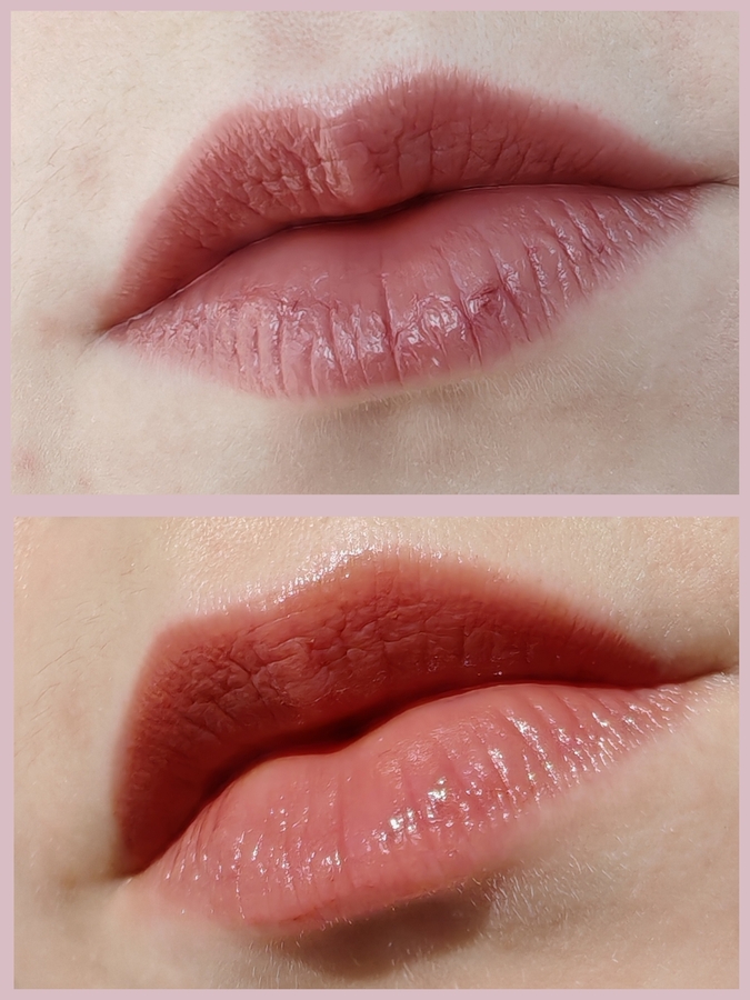 Сверху нанесла на шелушения. Снизу губы были подготовлены. Наслоила.