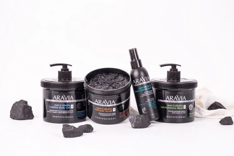 Средства "черной" антицеллюлитной линии ARAVIA ORGANIC. Фото с официального сайта бренда: скраб, сыворотка, маска и гель.