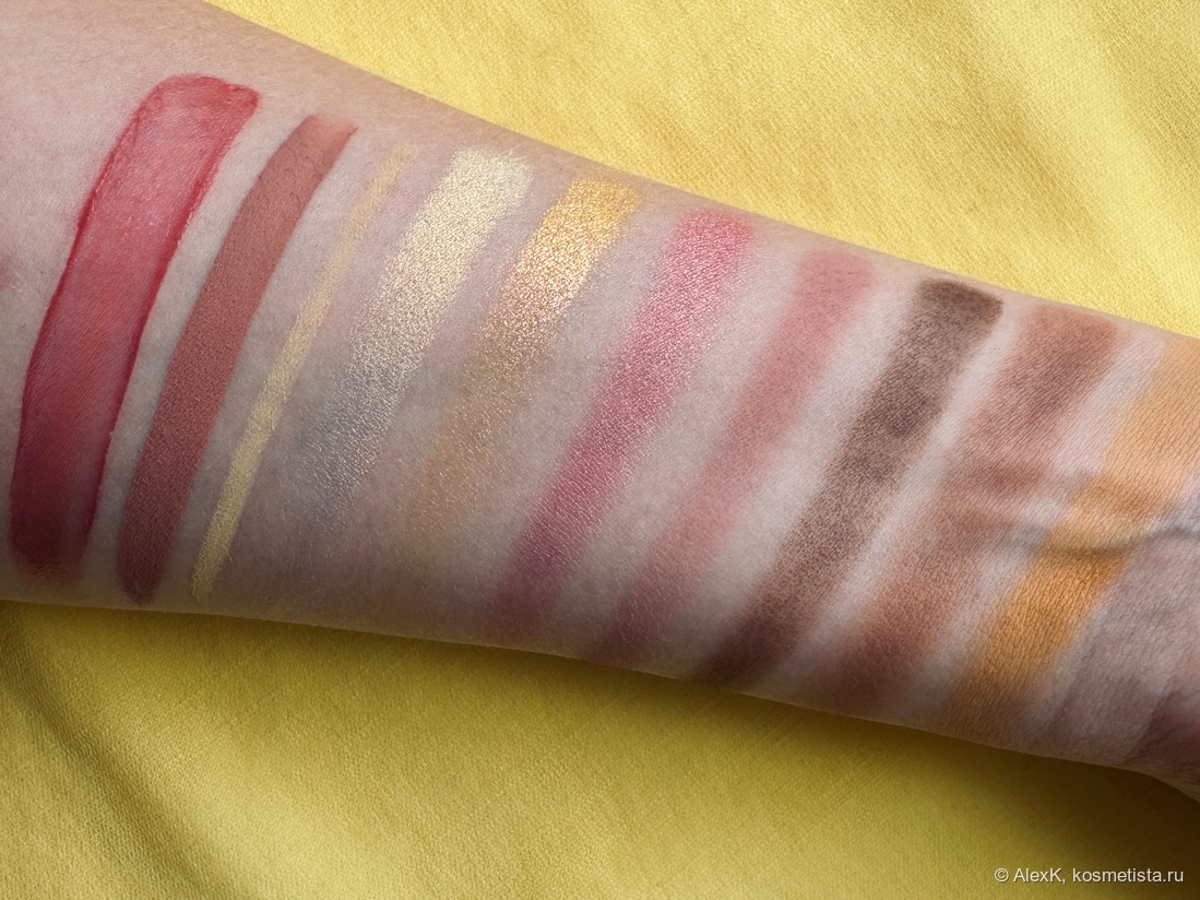Слева направо: блеск Focallure Juicy Tint PP01, тени Art-Visage Matte Desire 04 Папайя, карандаш 7 Days B.Color 06 Yellow, пигменты Тамми Танука: Топазовая пыль, Вызываюшая засуху, Безупречная, 183 Вдох из палетки Принц Лебедь Тамми Танука, палетка Viseart Warm Mattes: Mocha, Brûlée, Saffron
