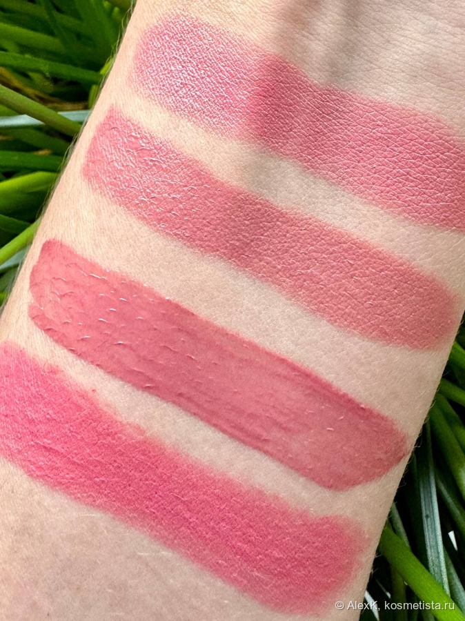 Сравнение аналогичных оттенков в коллекции. Сверху вниз: Maybelline Color Sensational №140 Pink intense, Charlotte Tilbury KISSING Pillow talk Fair, Belor Design Balagum №16 Gingery house (1 в 1), Relouis Сапфир тон 944 Магический