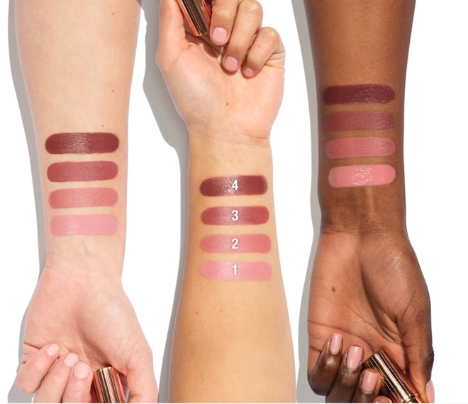 Свотчи помад Pillow talk. Сверху вниз: Fair, Original, Medium, Intense.