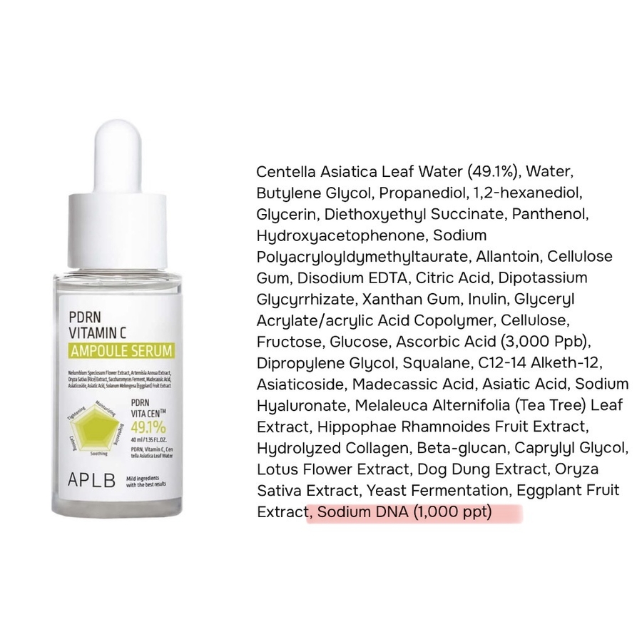 Маркетинговая уловка: бренд называет основной актив PDRN Vita Cen и указывает концентрацию 49,1%, а PDRN стоит в конце списка в концентрации 1000ppt (1000 частей на триллион?! Это 0,001 ppm?)