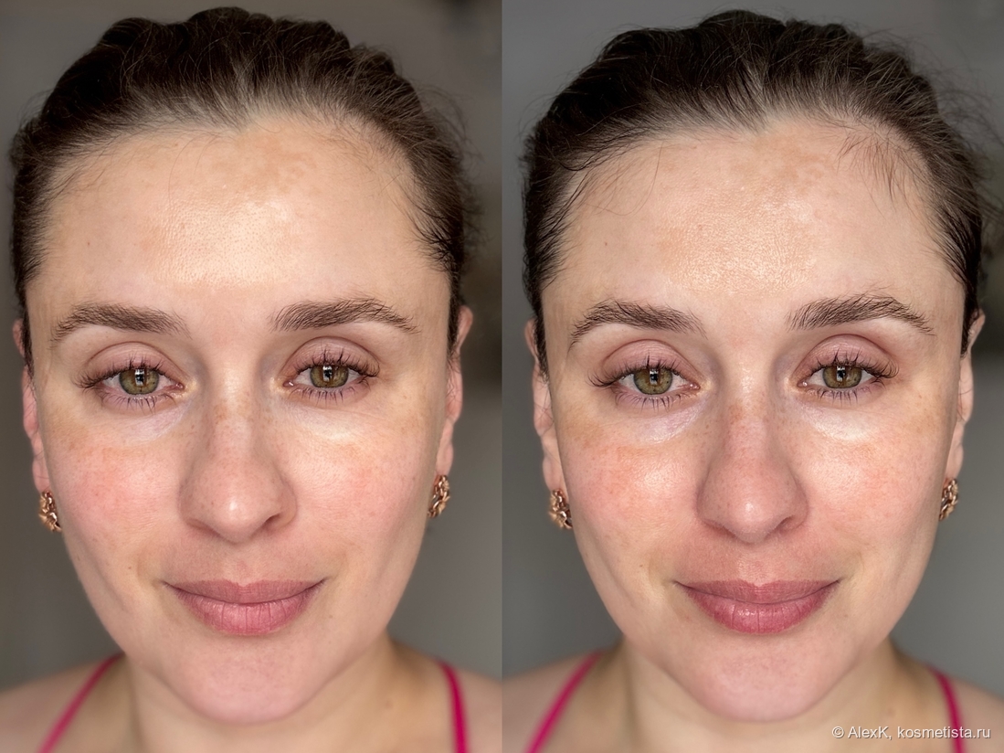 Слева до, справа после. До - лицо матовое, слегка отекшее. Справа - напитанное, сияет, подрумянилось и подсобралось(отеков стало поменьше).