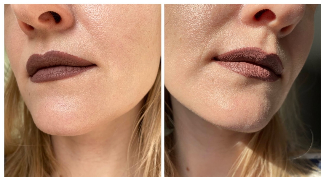 Sephora Cream Lip Stain в оттенке 23 на губах: слева просто дневной свет, справа на солнышке