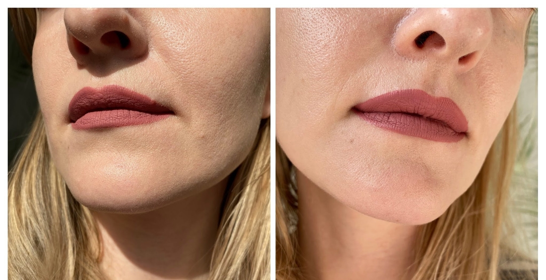 Sephora Cream Lip Stain в оттенке 13 на губах: слева солнышко, справа просто дневной свет